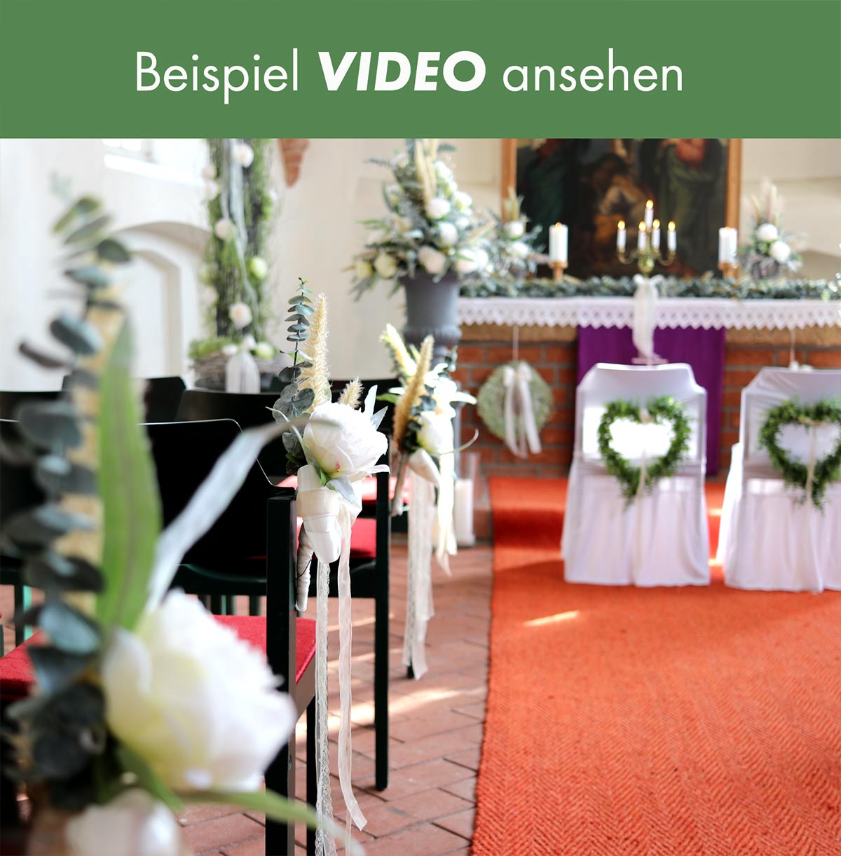 Beispielvideo für Hochzeitsdeko in der Kirche vom Gartencenter Hedden in Wessterholt